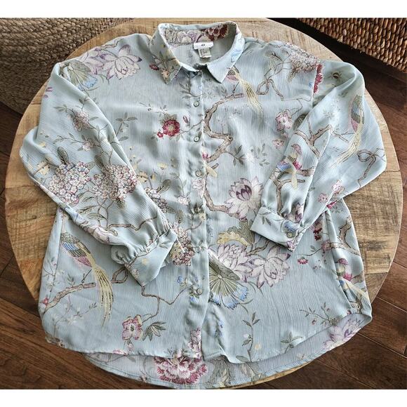 H&M X GP & J Baker Mint Green Floral Bird Print Blouse Asian Romantic Women's 6 - Picture 1 of 9